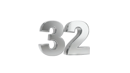 3D Silver Number 32 with Chrome Finish on transparent background