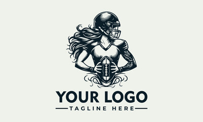 A vector logo design featuring a female American football player with a helmet and rugby ball, set against a clean background with space for a custom tagline.