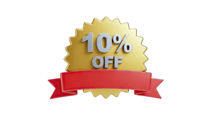 3D 10% Off Sale Badge with Red Ribbon on transparent background