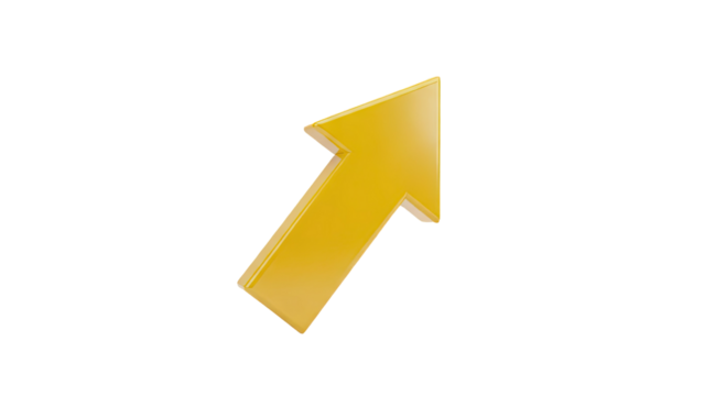 3D Yellow arrow pointing up and right on transparent background - Powered by Adobe