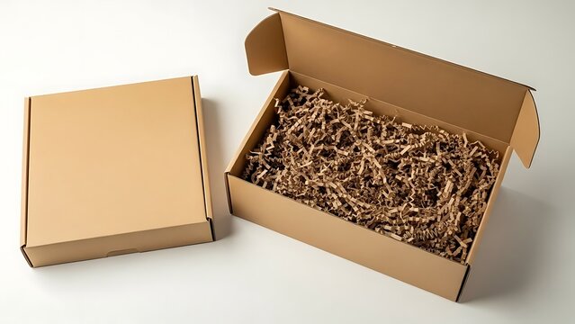 Brown cardboard boxes with crinkle paper on white background