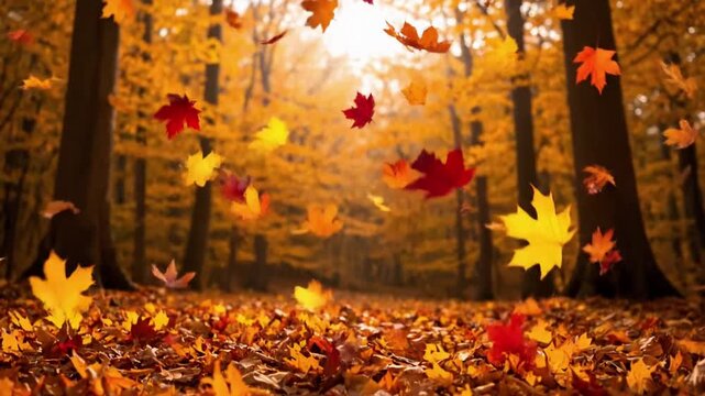 Swirling Vortex falling leaves autumn Dynamic overhead shot of a strong, invisible gust of wind creating a swirling vortex of multi