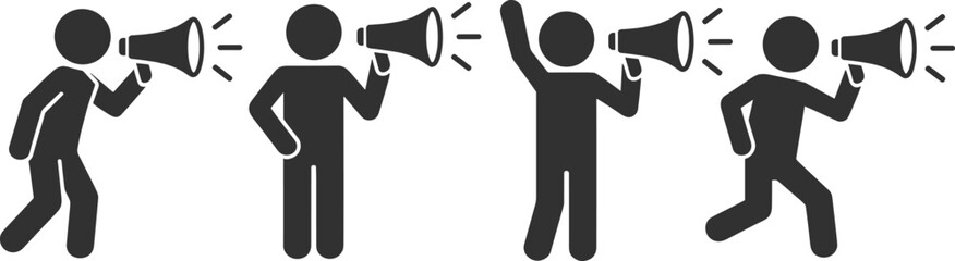 Fototapeta premium Four stick figures holding and using megaphones to announce or protest announcement shouting