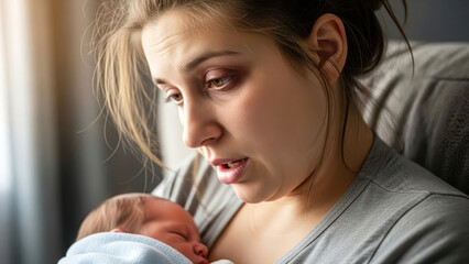 Exhausted New Mother Holding Sleeping Newborn Baby 