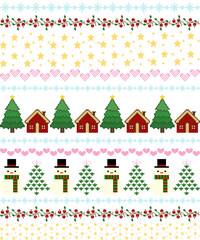 Christmas seamless pattern with trees, houses, snowflakes, and festive ornaments in red, green, and white tones for holiday textile and winter decor design