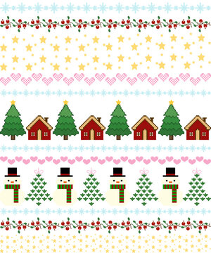 Christmas seamless pattern with trees, houses, snowflakes, and festive ornaments in red, green, and white tones for holiday textile and winter decor design