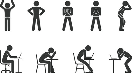 Stick Figure Icons Depicting Various Poses and Emotions of People Sitting and Standing pictogram silhouette