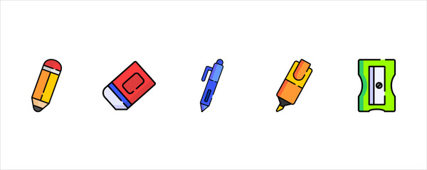 Vibrant Classroom Writing Supplies Icon Collection for Students