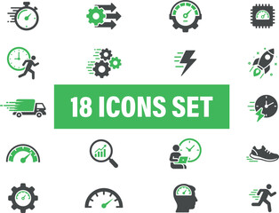 Speed and Performance Icons Set. Set of icons for productivity and efficiency. Including productivity, 
time management, machinery, speed, and human activity