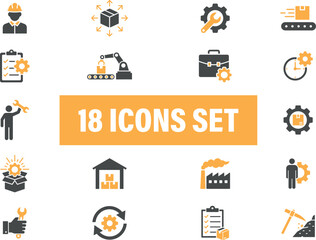 Industrial and Manufacturing Process Icons Set. related to industry and manufacturing process. 
Including industry, manufacturing, workers, machinery, and production processes. solid vector icons