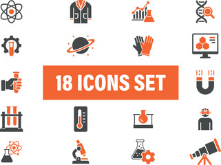 Science and Laboratory Research Flat Icons Set. Including Science, technology, research, experiment, 
laboratory, innovation, equipment and more. Solid vector icons set