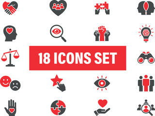 Core values solid icons set. Including emotions, love, vision, diversity, balance, efficiency 
and loyalty. Solid vector icons set