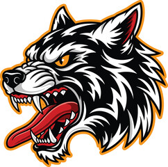 Angry wolf head mascot illustration featuring aggressive snarling timber wolf with sharp teeth and orange eyes for sports team logo design