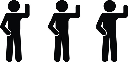 Three Black Silhouettes of People Waving with Hand Raised on White Background greeting © MdShahin