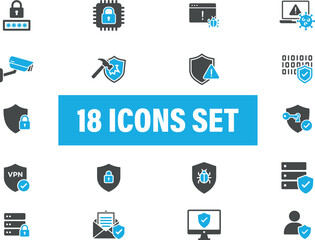 Cybersecurity and Data Protection Icon Set. Including security, protection, safety, shield, warning, 
VPN and more. Solid vector icons set