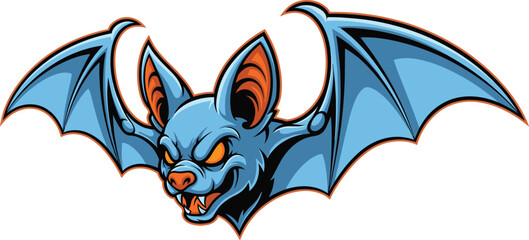 Fierce blue bat mascot illustration with spread wings and orange eyes featuring aggressive snarling expression for sports team logo design