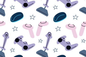 Flat cartoon vector illustration of videogame pattern with game controllers, joysticks, computer mice and virtual reality theme, modern digital tech style, seamless design for computer gaming decor