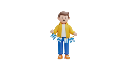 3D Man Holding Greek Flag Bunting on transparent background