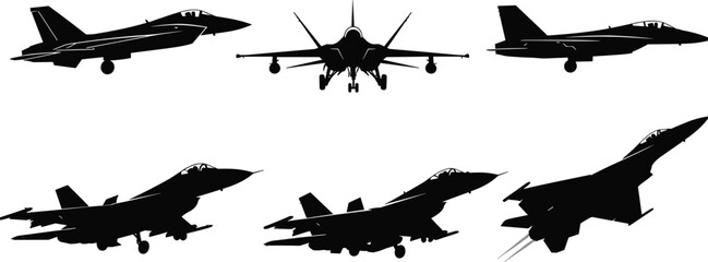 Military fighter jet silhouettes set featuring modern air force combat aircraft in various flight positions isolated on white background for aviation design