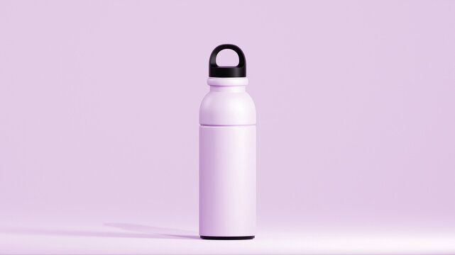 drinking tumbler bottle with modern design, lavender tumbler with black lid, stand over lavender background