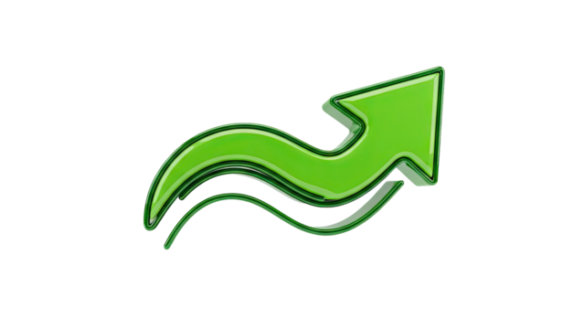 3D Green arrow symbol moving upward and to the right on transparent background - Powered by Adobe
