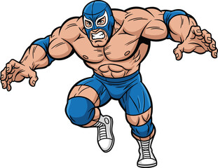 Cartoon wrestler, blue mask fighter, muscular athlete, action pose, sports entertainment, dramatic character, combat stance, flat vector illustrationCartoon wrestler, blue 