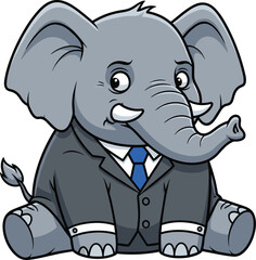 Obraz premium Cartoon elephant, business suit animal, formal attire character, whimsical corporate mascot, sitting pose, blue tie, flat vector illustration