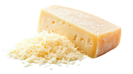 Grated parmesan cheese fine shreds Italian dairy topping savory ingredient culinary texture isolated on white background