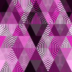 Seamless textured geometric pattern with diamonds and triangles. Black, white, and fuchsia background.