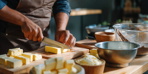 Person slicing butter on wooden board in kitchen prep with mixing bowls and apron