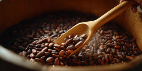 Wooden spoon stirring roasted cocoa bean in wooden bowl, warm rustic close up texture