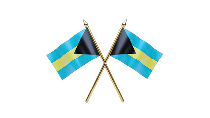 3D Two Bahamas flags crossed on golden poles on transparent background