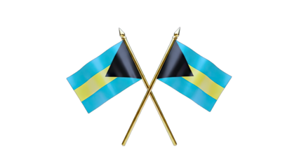 3D Two Bahamas flags crossed on golden poles on transparent background