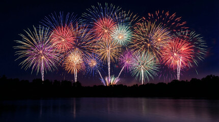 Vibrant fireworks exploding in night sky over water, colorful display of red, blue, and yellow sparks, celebration and festivity concept