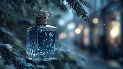 Elegant crystal perfume bottle with shimmering blue liquid and intricate silver cap hangs from a frosted pine branch during a magical snowfall