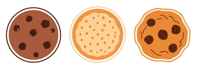 Set of three delicious cookies including chocolate chip and oatmeal flat vector illustration for bakery menus dessert recipes and sweet snack branding