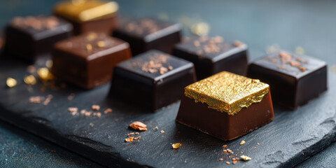 Gourmet chocolate bonbon with gold leaf on slate, elegant artisanal confection indulgence