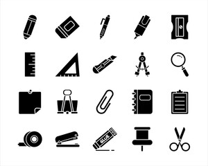 Solid Black Office and School Stationery Icons Set