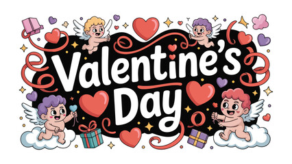 Fototapeta premium Valentine's Day Delight: Adorable cupids, hearts, and gifts adorn this illustration, spreading love and affection. Celebrate the joy and romance of Valentine's Day.