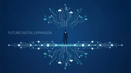 Businessman standing on digital circuit board with cloud and arrow symbols