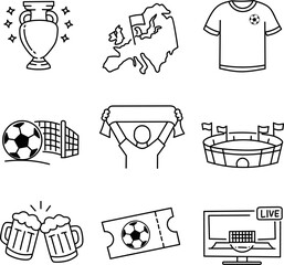 Euro football icon set consisting of trophy, map of Europe, jersey, soccer ball and goal, fan holding scarf, stadium with flags, clinking beer mugs, match ticket and live television screen