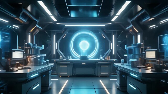 Futuristic laboratory with glowing portal background animation