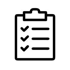 Minimal black and white clipboard icon with three checkmarks and text lines, symbolizing completed tasks, to-do lists, productivity, and organized management.
