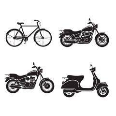 Naklejka premium Motorcycles bicycles and scooters silhouettes