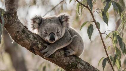 Koala resting in eucalyptus tree, Australian wildlife, adorable marsupial, nature scene, peaceful moment.