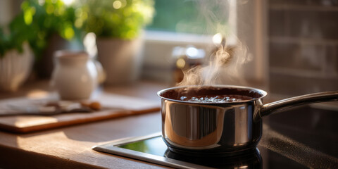 Steaming stainless steel pot of chocolate on stovetop in sunlit kitchen, cozy morning