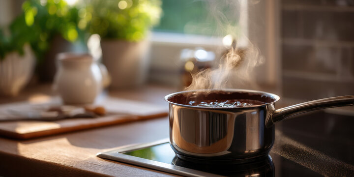 Steaming stainless steel pot of chocolate on stovetop in sunlit kitchen, cozy morning