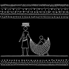 Traditional Indian Warli tribal art illustration depicting village life and daily activities
