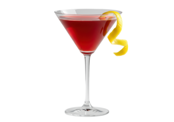 vibrant ruby red cosmopolitan cocktail in a v-shaped crystal glass with a long yellow lemon zest spiral draped over the rim; professional studio product shot against white. concept for luxury