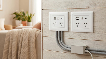 Modern double power outlet with usb ports on a wooden wall with cables plugged in and a blurred background of a cozy living room with a couch and plants